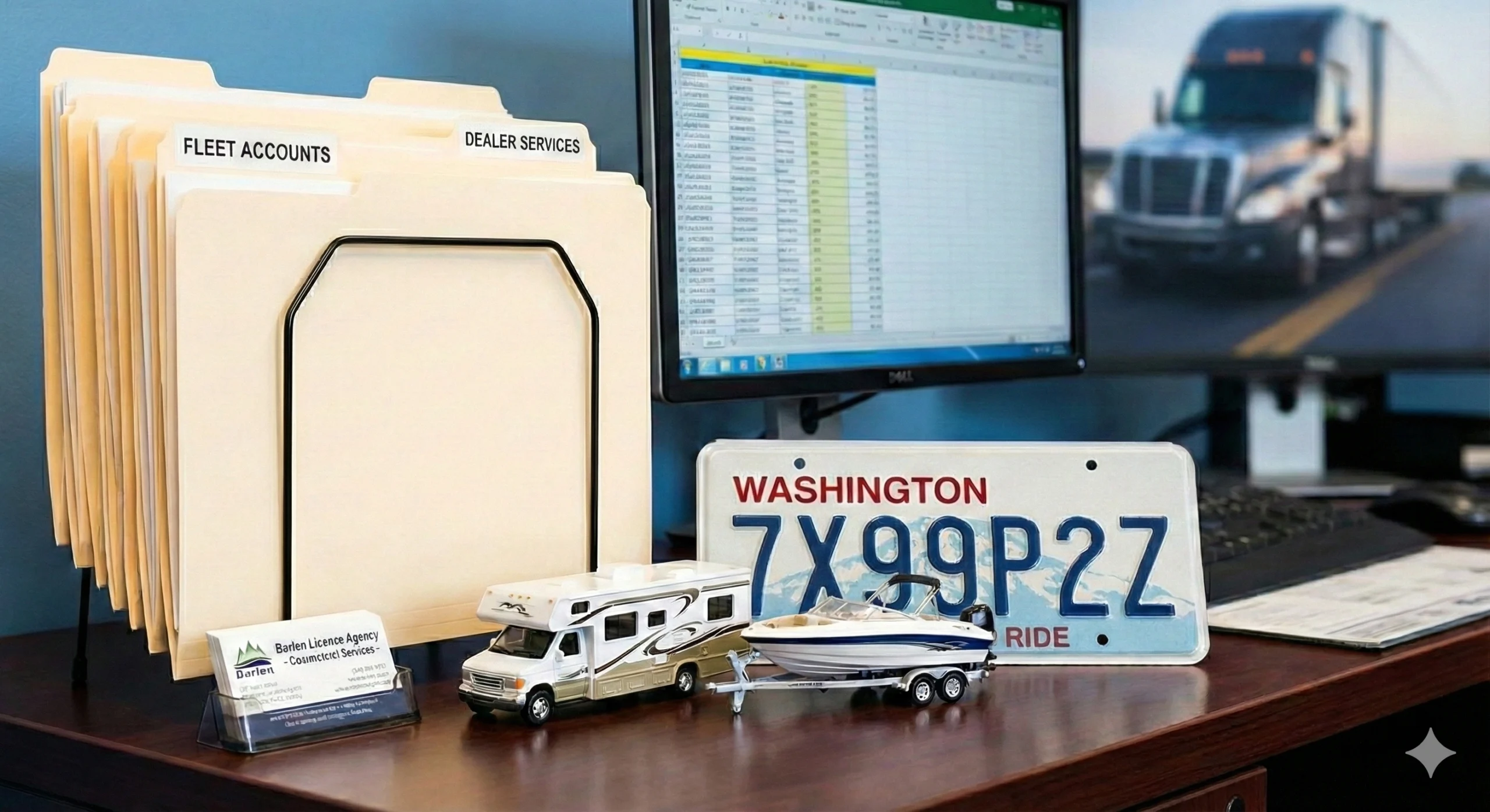 Folders for fleet accounts and dealer services sit near a license plate to illustrate a licensing service.
