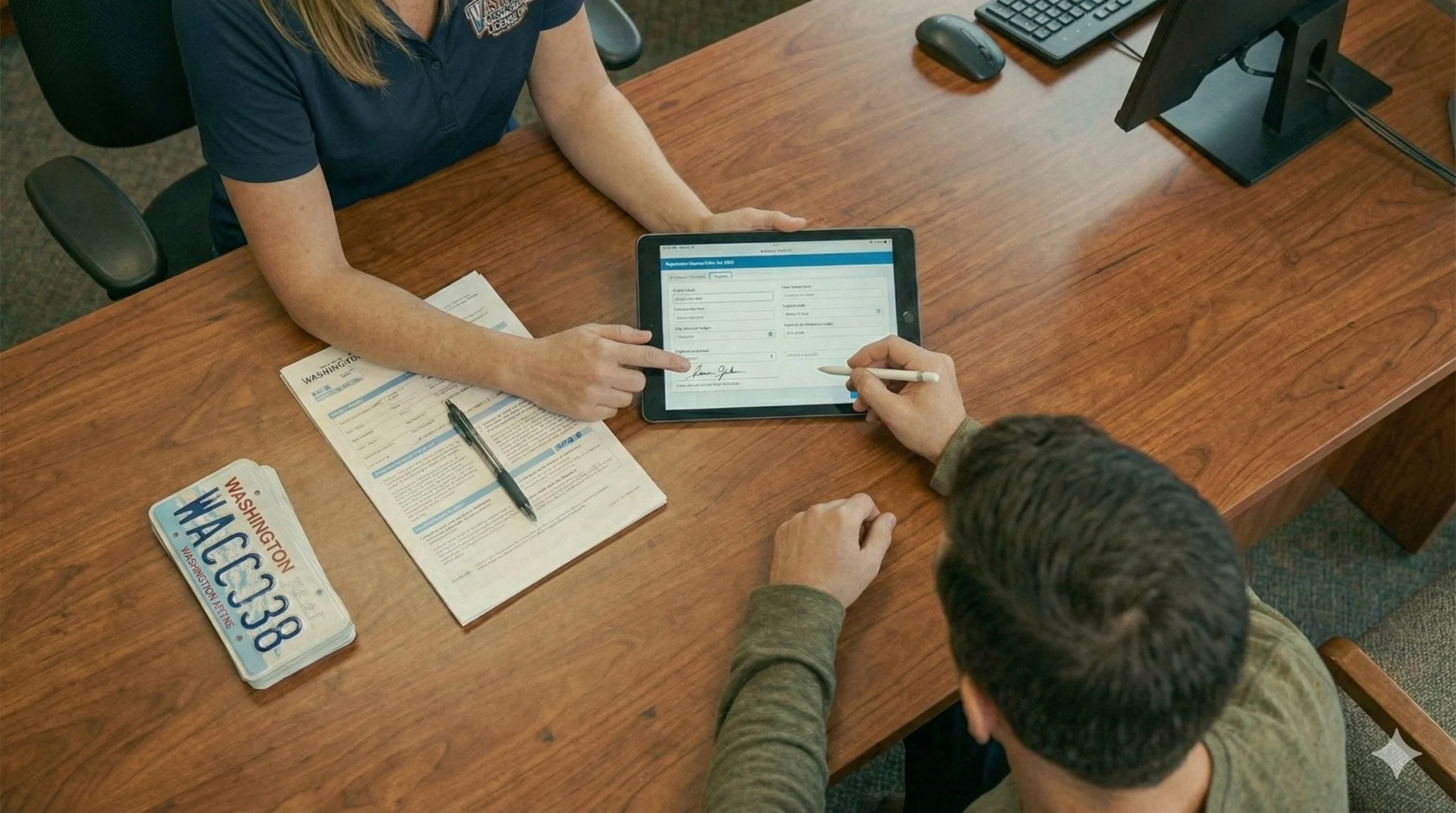 An agent assists a client with digital paperwork on a tablet during a vehicle registration service.