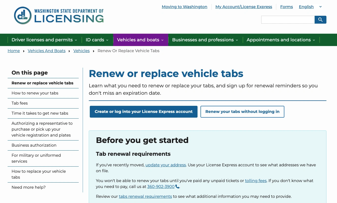 Screenshot of the Washington State Department of Licensing website showing options to renew or replace vehicle tabs online.