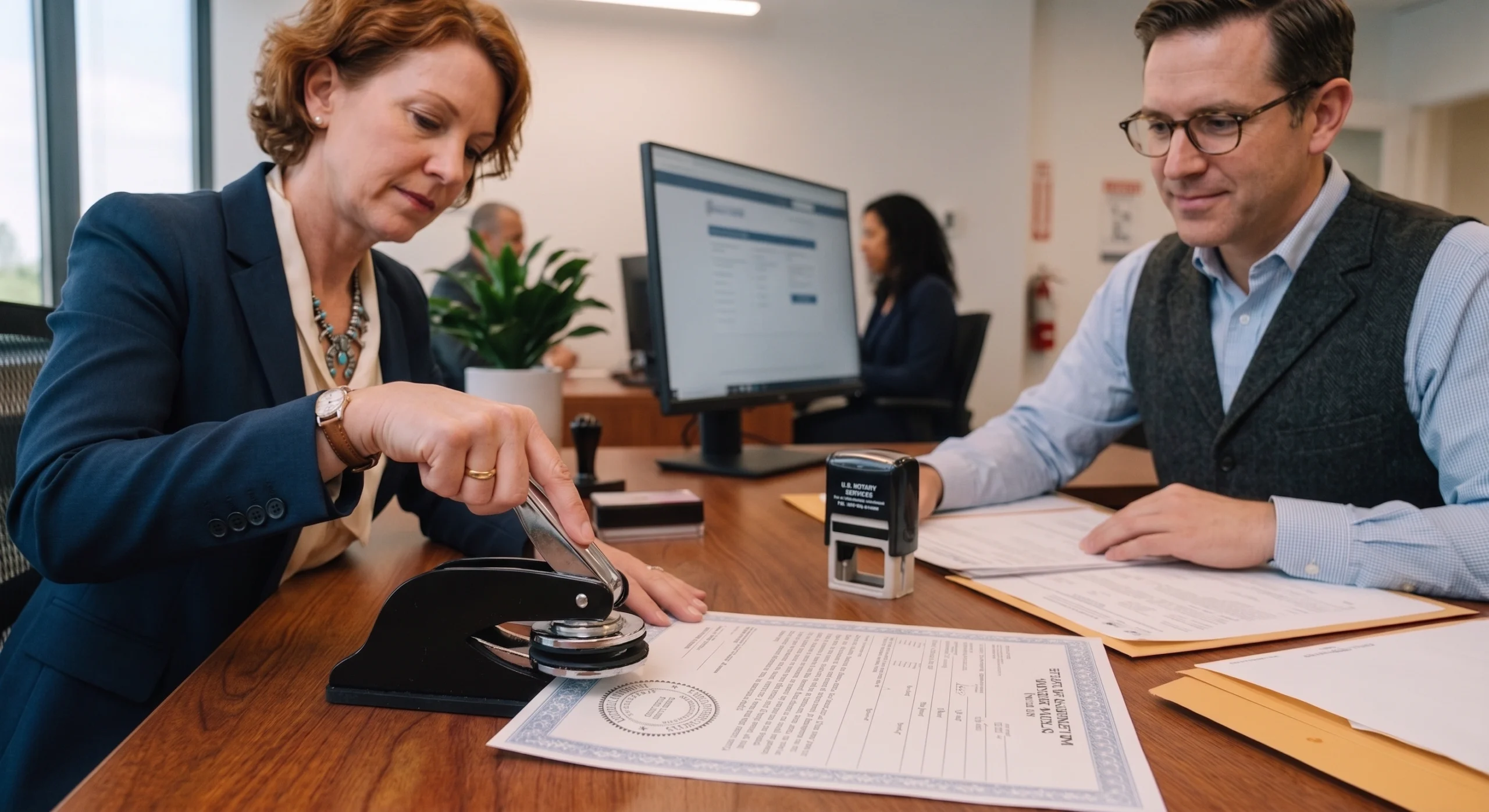 A professional offering Notary Public Services embosser seals an official document while a client observes at a desk.
