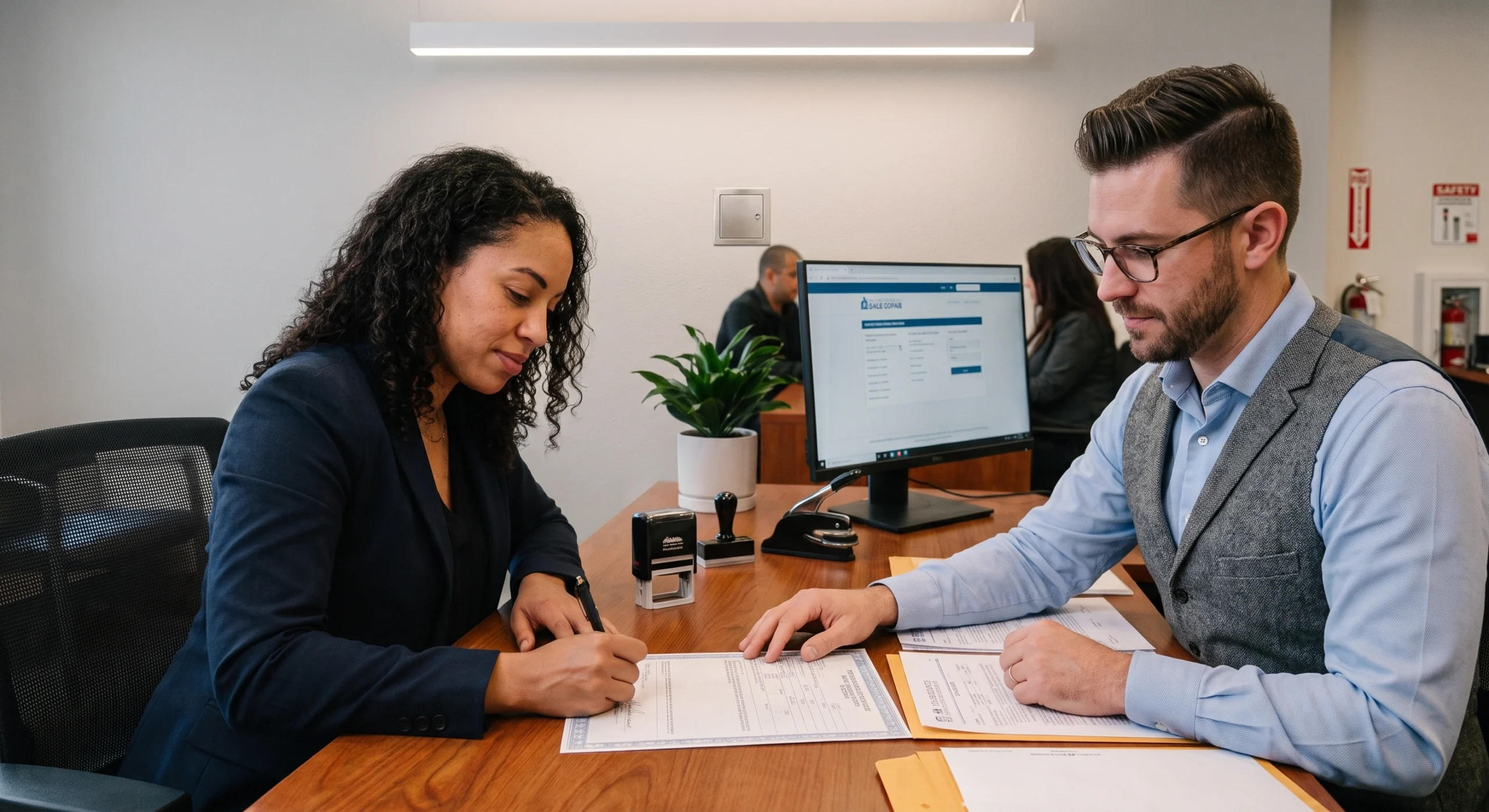 Woman signing official legal paperwork guided by an expert offering Quick Title Services at a modern office desk.